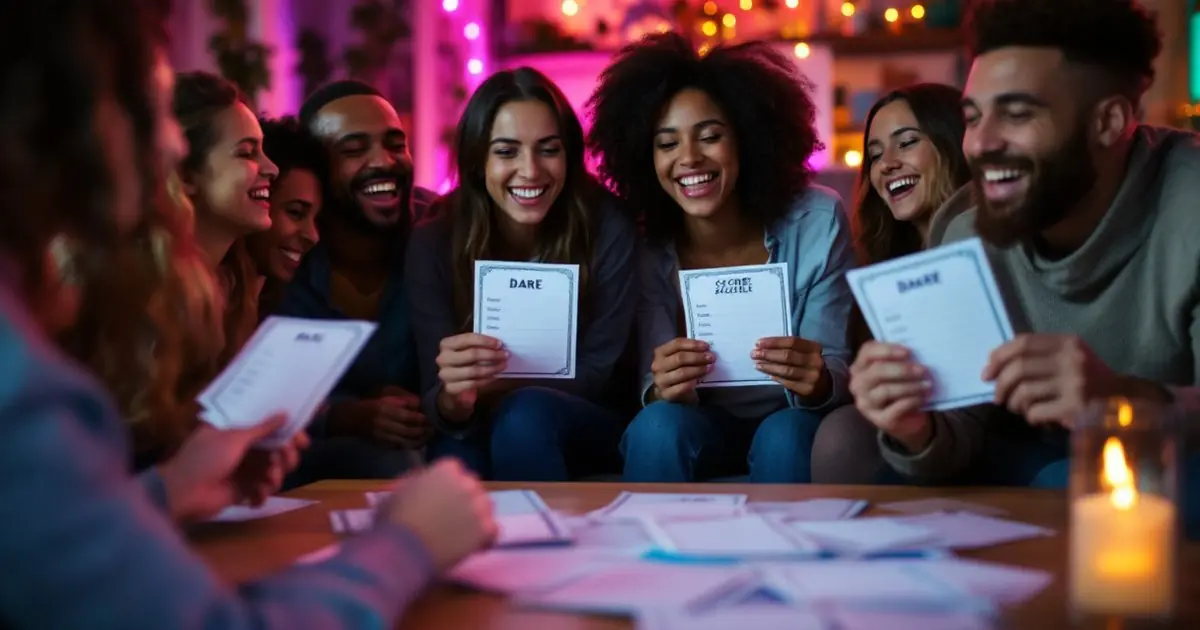 Friends at a house party laughing while one reads a printed party game card aloud